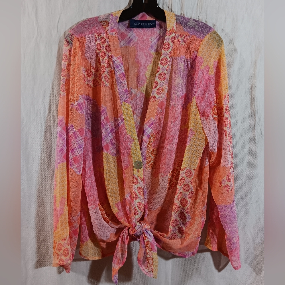 Susan Graver Womens Large Chiffon Top Jacket Patchwork Print Cover-Up Colorful